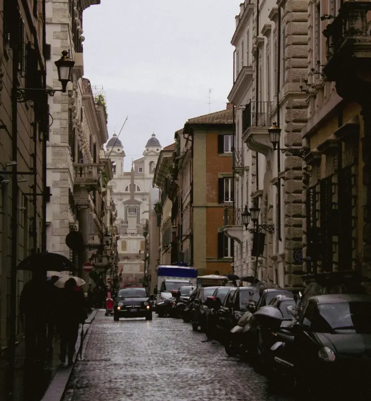 A quiet city street with historic buildings