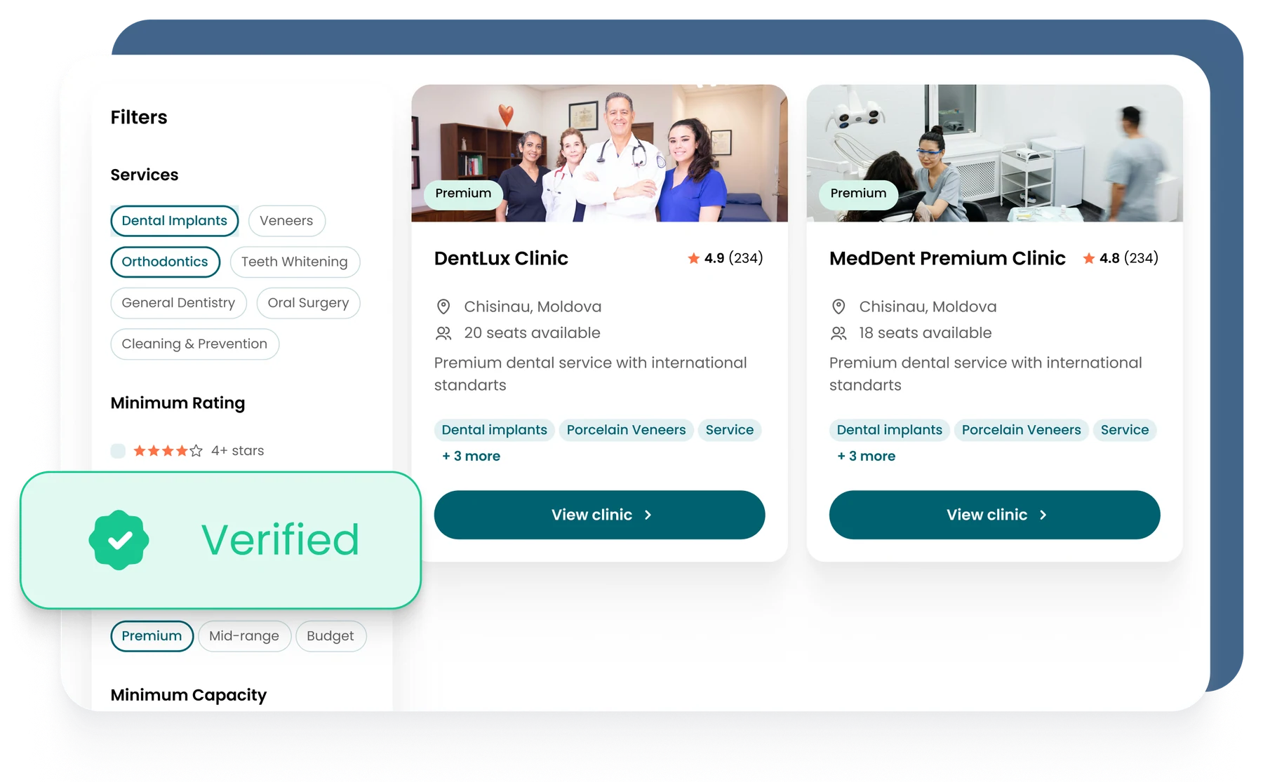 SmileNow clinic search with filters and verified clinics