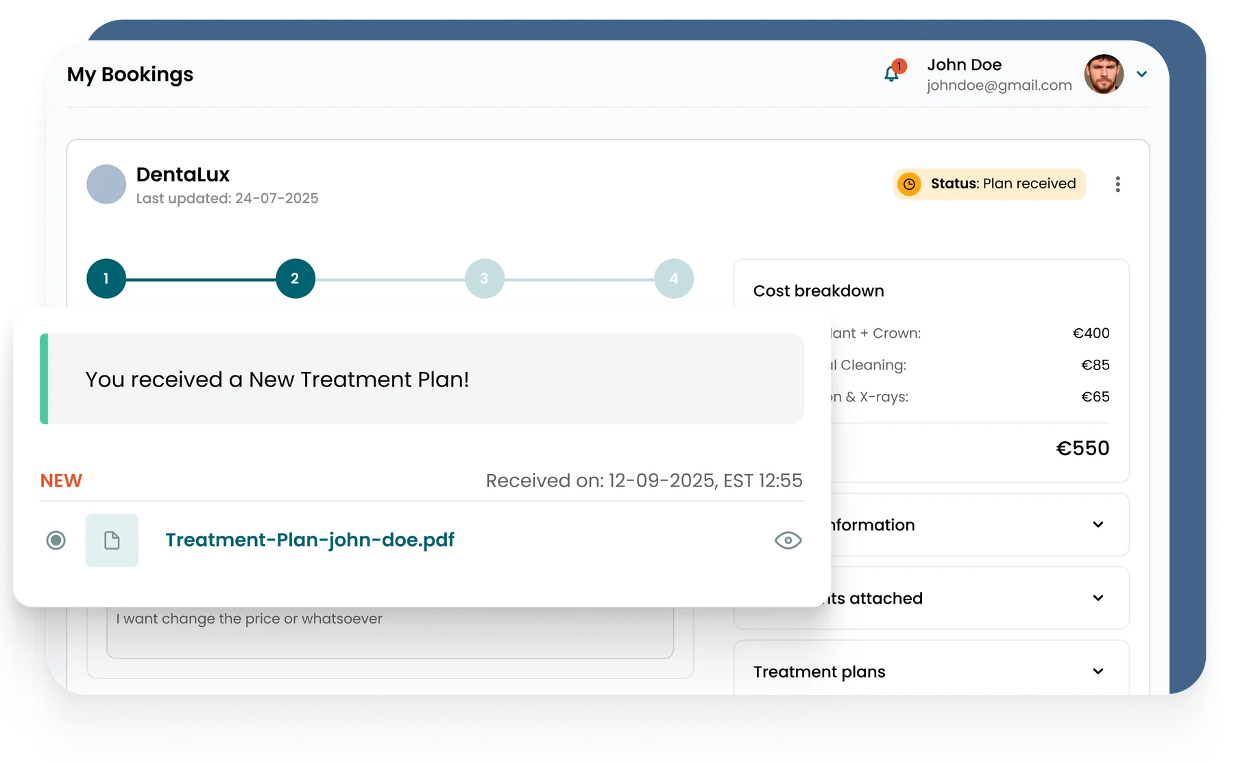 A treatment plan received in SmileNow