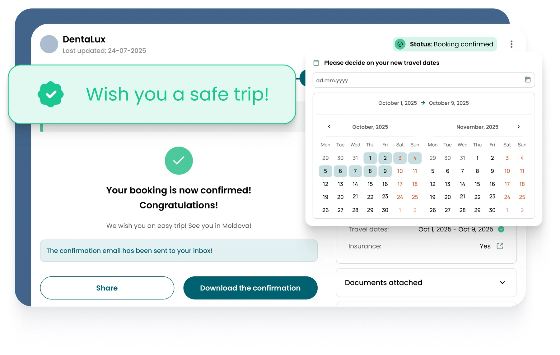 A booking confirmation with travel dates in SmileNow